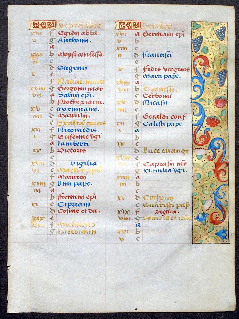 Book of Hours Calendar Leaf for Sep Oct Nov & Dec c. 1470-90