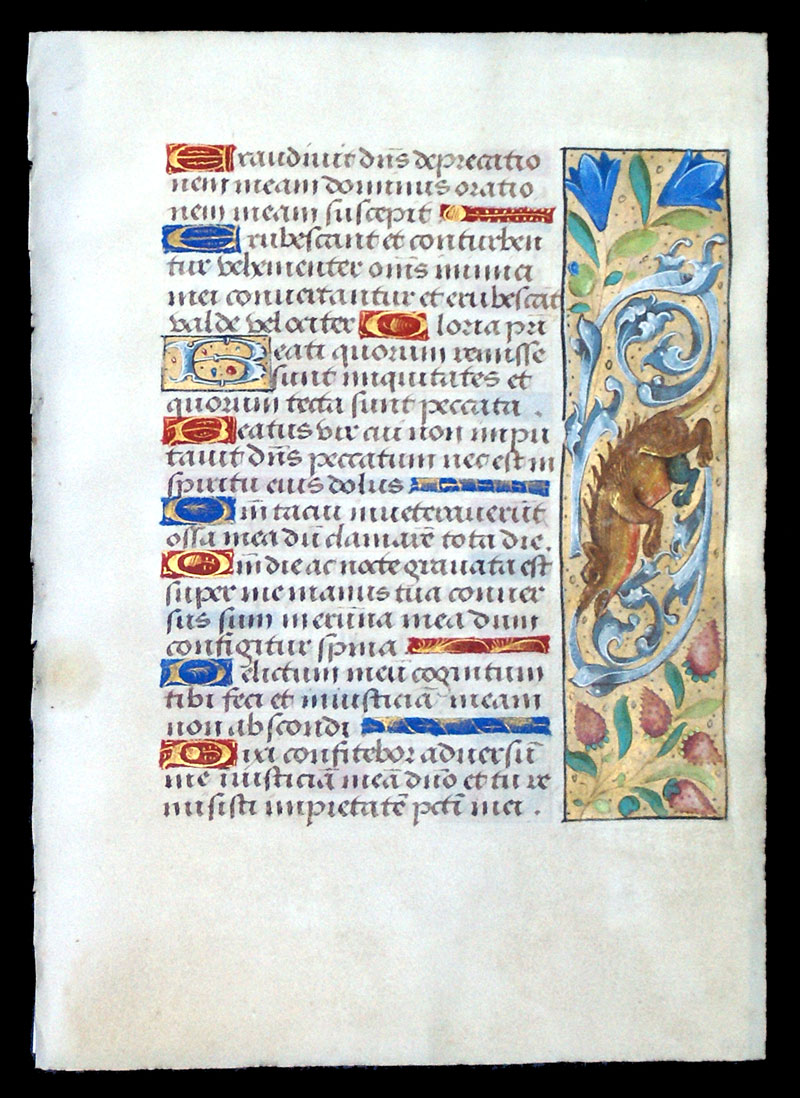 A Book of Hours Leaf - c 1490-1510 - Whimsical Dragon in margin