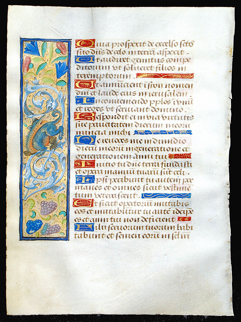 Rouen Book of Hours leaf with whimsical dragon-like creature
