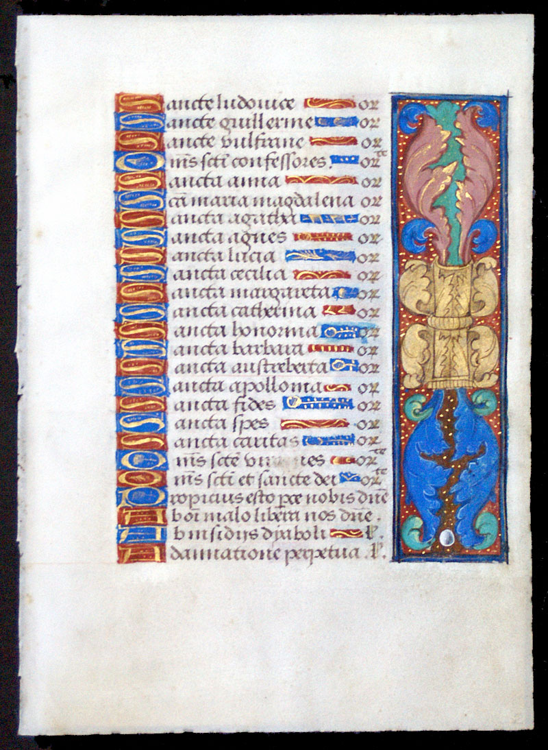 c 1490-1510 Book of Hours Leaf with unusual Borders - Litany