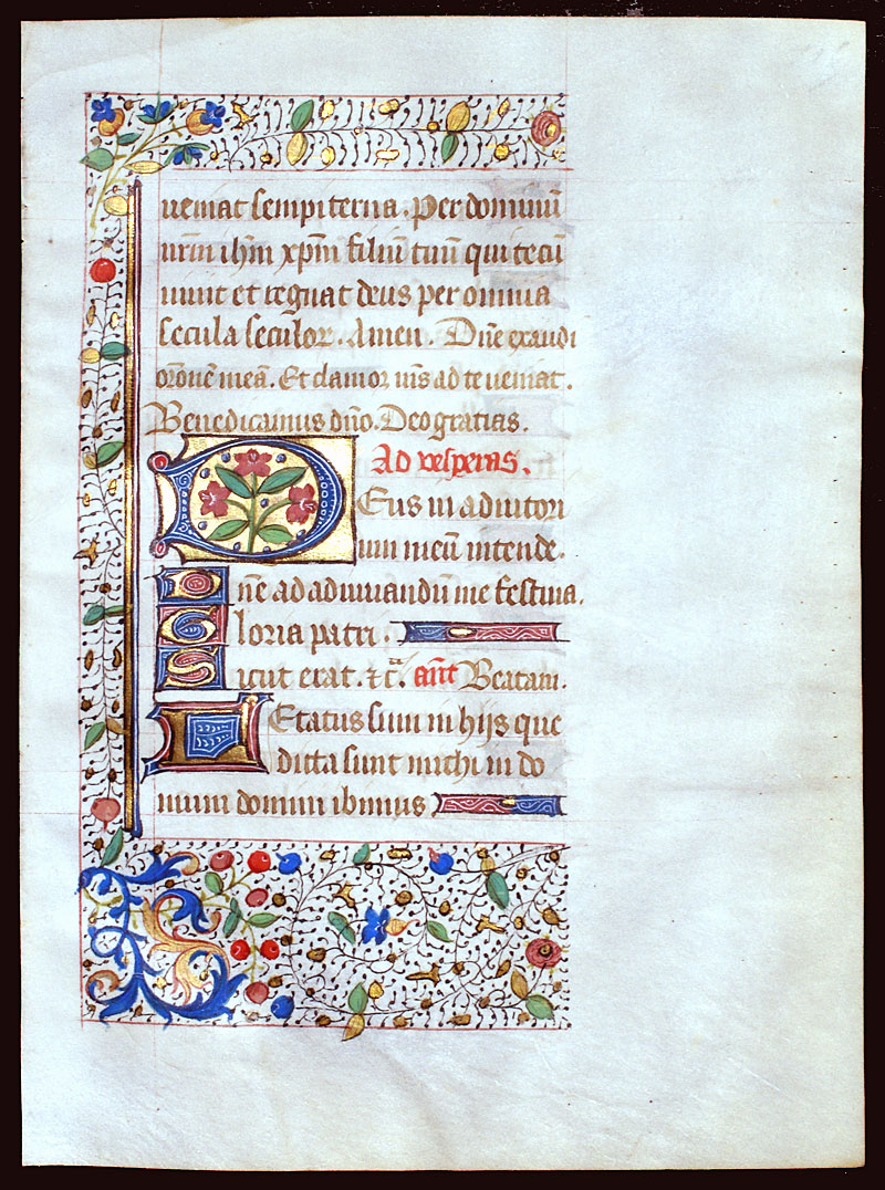 A Large Book of Hours Leaf - Elaborate Illumination - c 1450-75