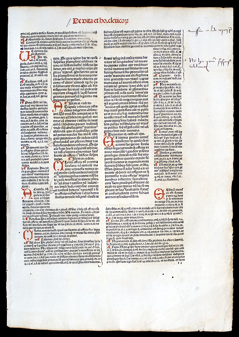 1486 Incunabula - Canon Law Leaf - Pope Gregory IX