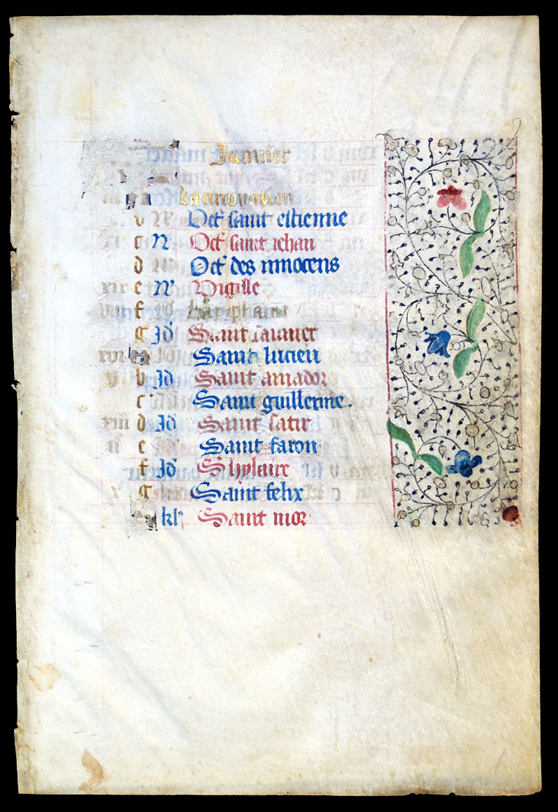 January Book of Hours Calendar Leaf - France c 1450-75