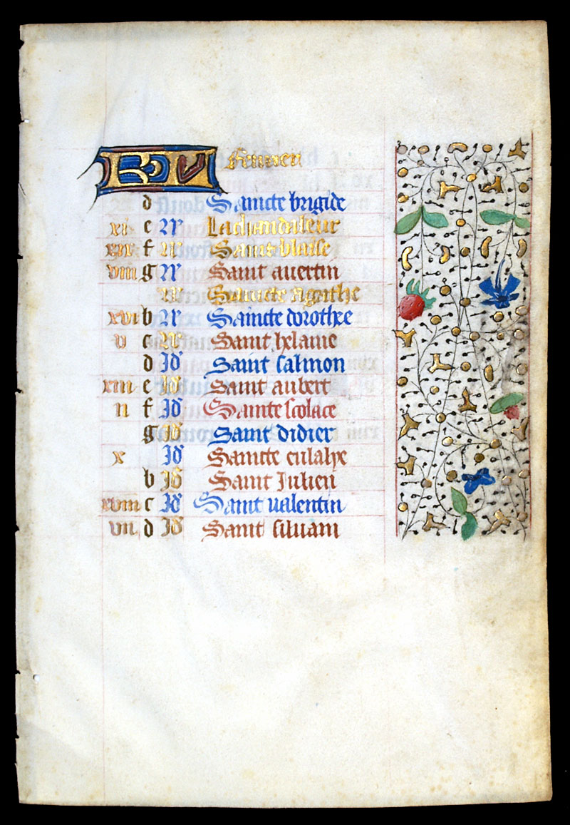 c 1450-75 Book of Hours Calendar Leaf for February