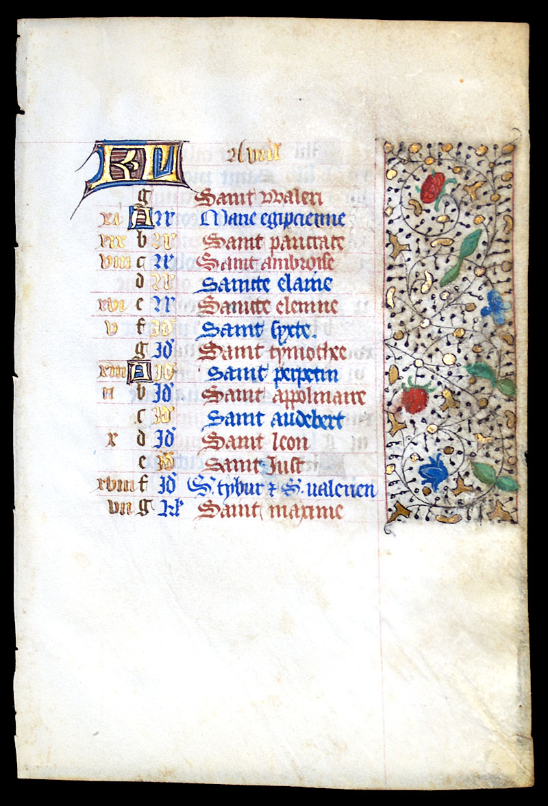 Book of Hours Calendar Leaf for c 1450-75 - April