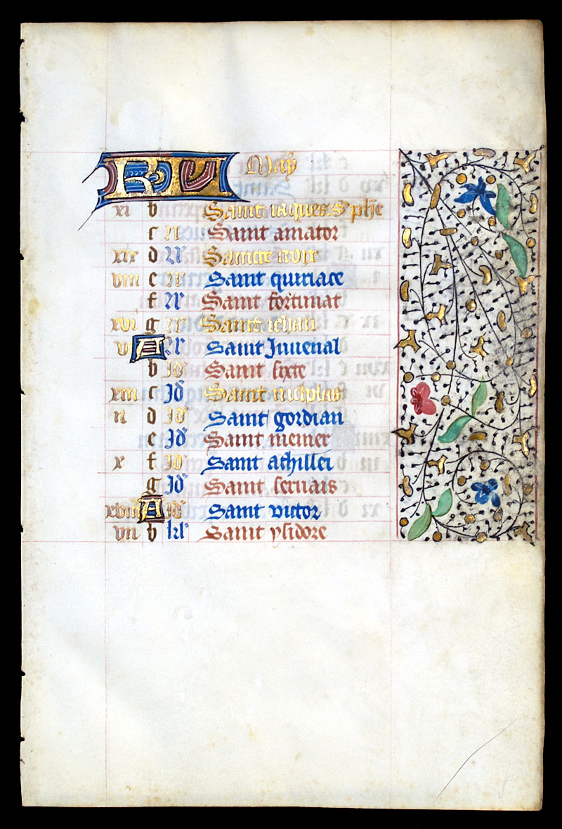 Book of Hours Calendar Leaf for c 1450-75 - May