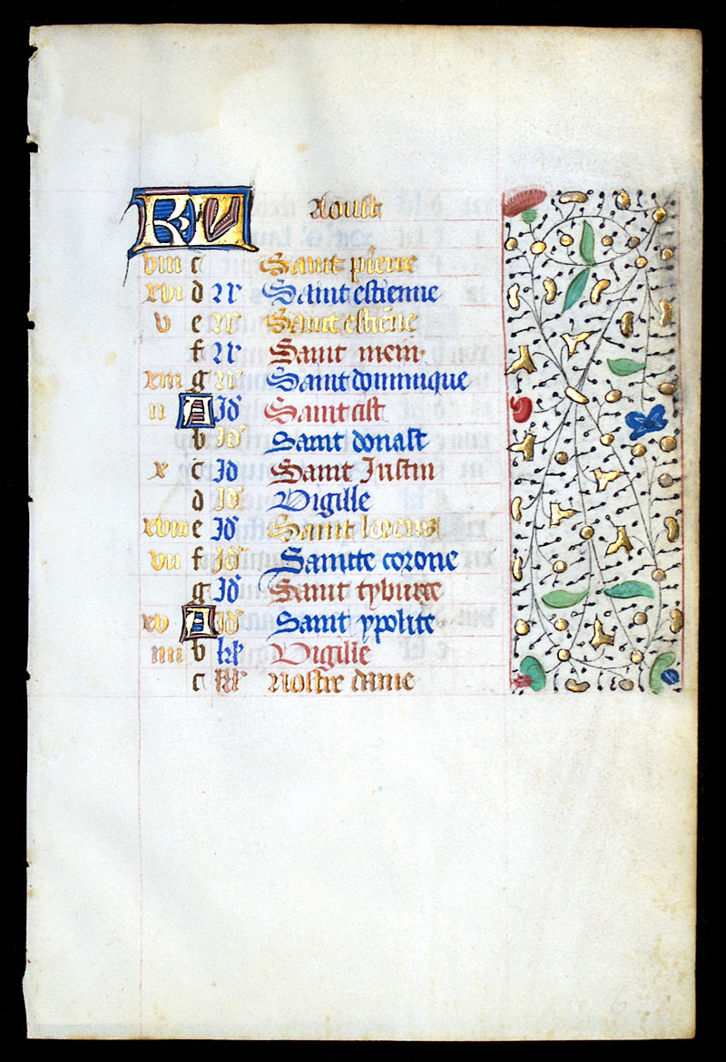 c 1450-75 Book of Hours Calendar Leaf for August