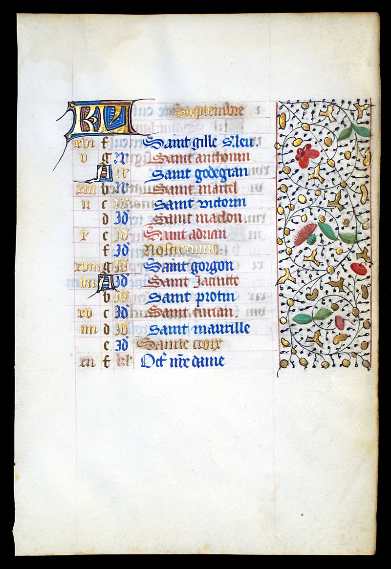 Book of Hours Calendar Leaf for c 1450-75 - September