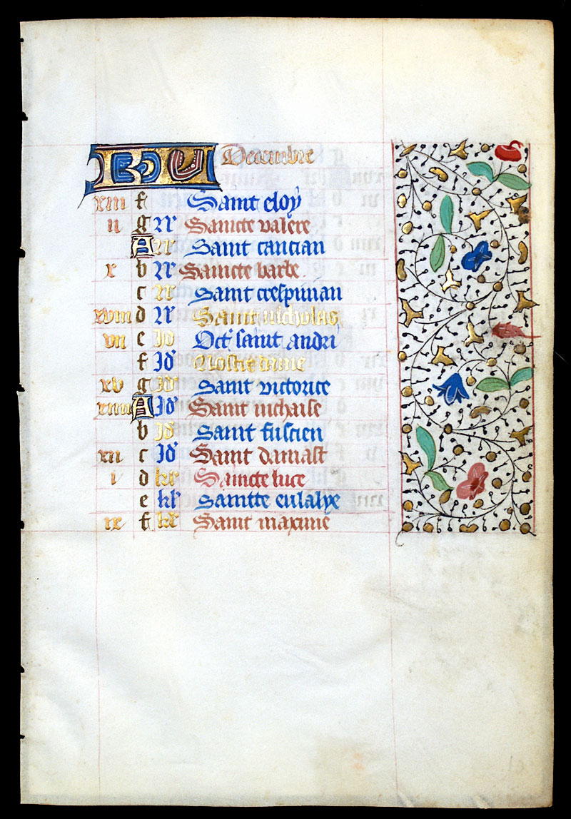 Book of Hours Calendar Leaf for c 1450-75 - December