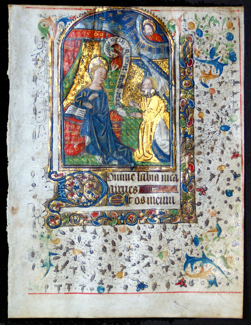 A Book of Hours leaf - c 1450-75 - miniature of the Annunciation