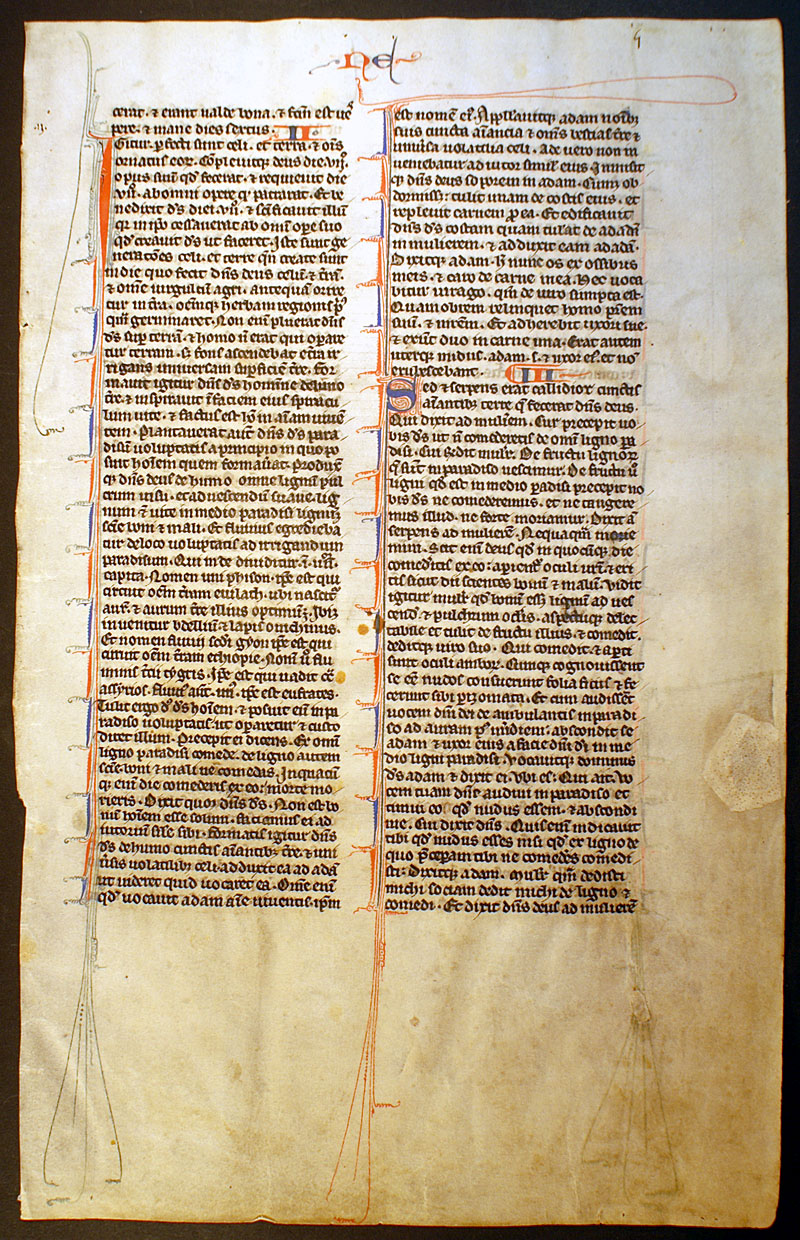 Medieval Bible Leaf - c 1247 - Genesis: Creation Man & Woman