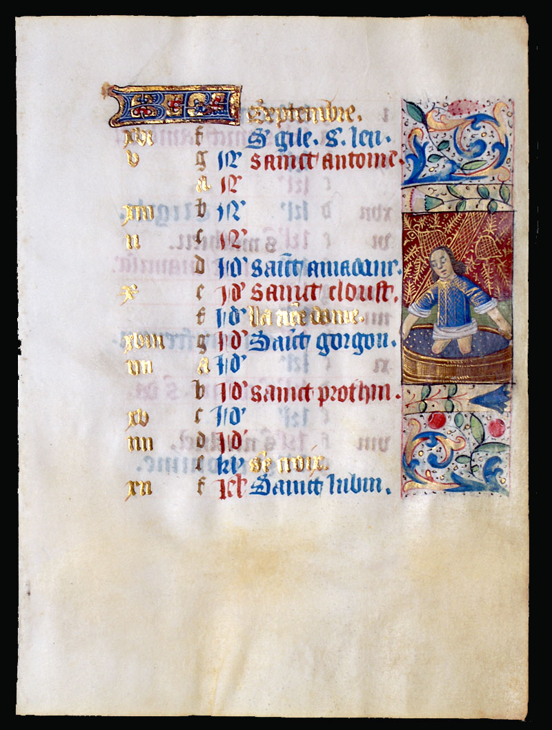 Calendar Leaf for September, c. 1460 Medieval Book of Hours leaf