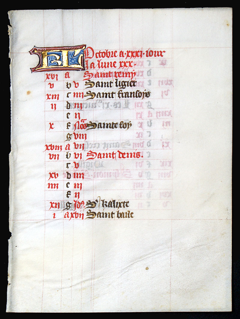 Book of Hours Calendar Leaf for October c 1450-75