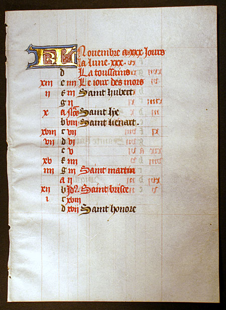 Book of Hours Calendar Leaf for November c 1450-75