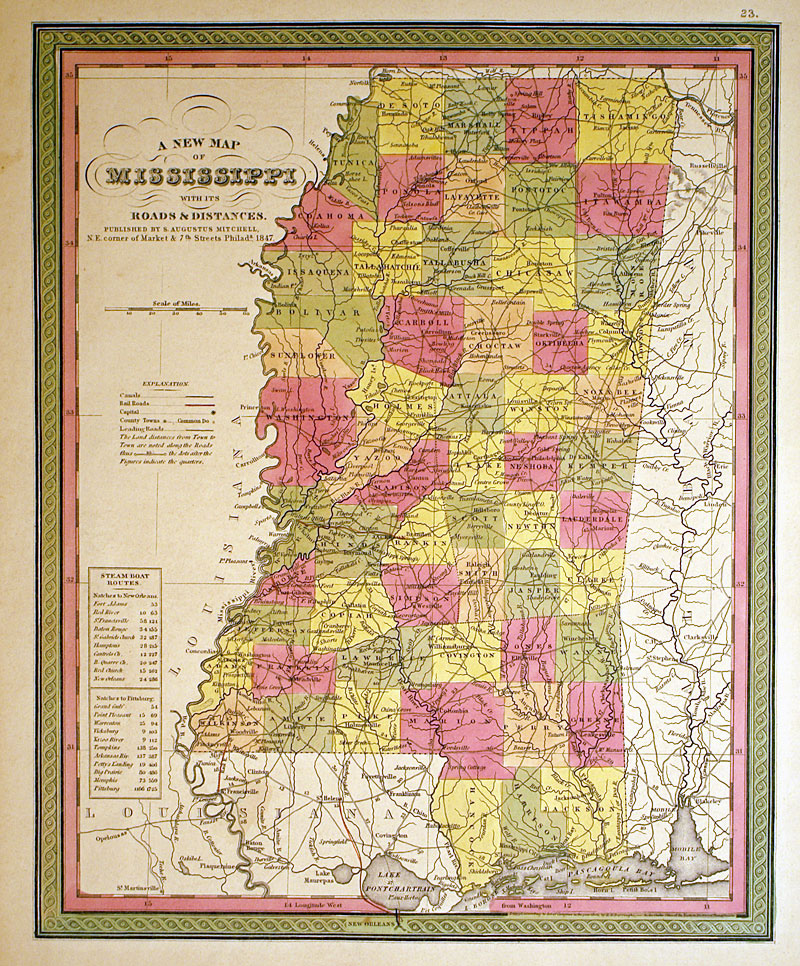 ''A New Map of Mississippi...'' c 1847 - Mitchell