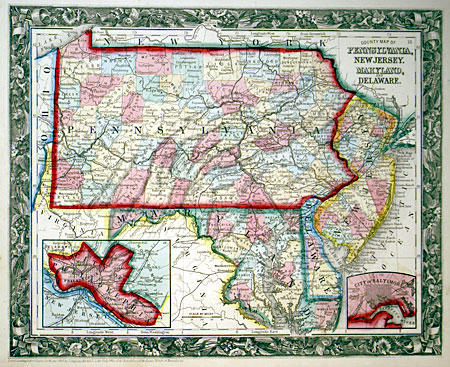 ''...PENNSYLVANIA, NEW JERSEY, MARYLAND...'' c 1860 Mitchell