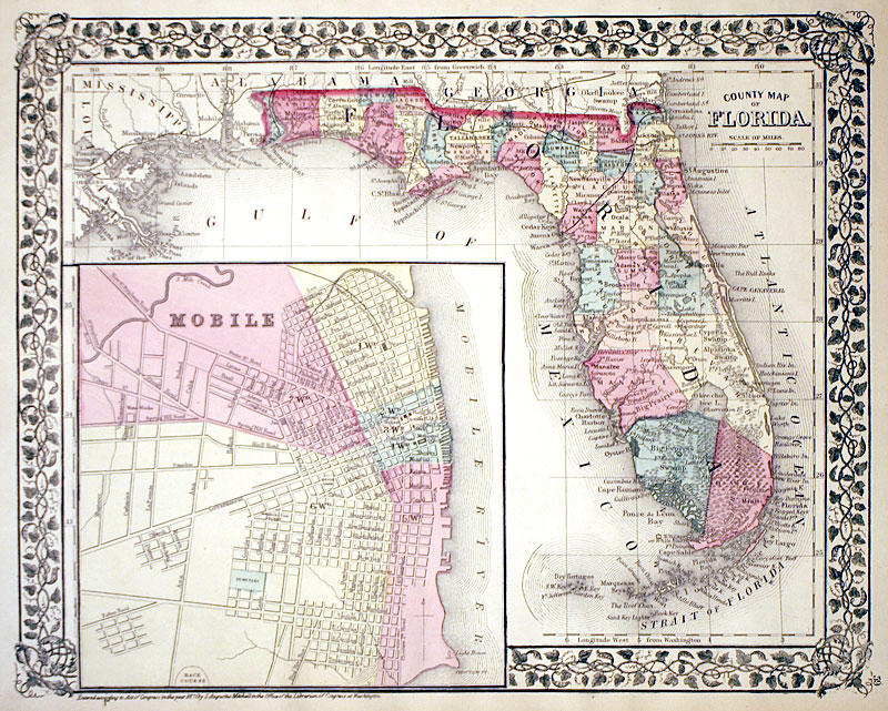 ''County Map of Florida'' c 1876 - Mitchell