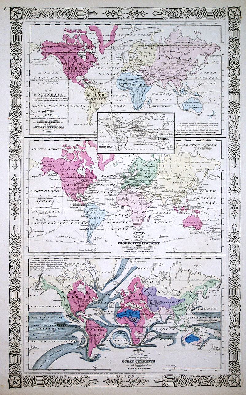 c 1864 World Map - Distribution of Animals, Industry, Currents