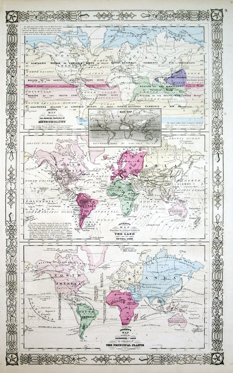 c 1864 World Map - Meteorology, Land & Co-tidal Lines, Plants