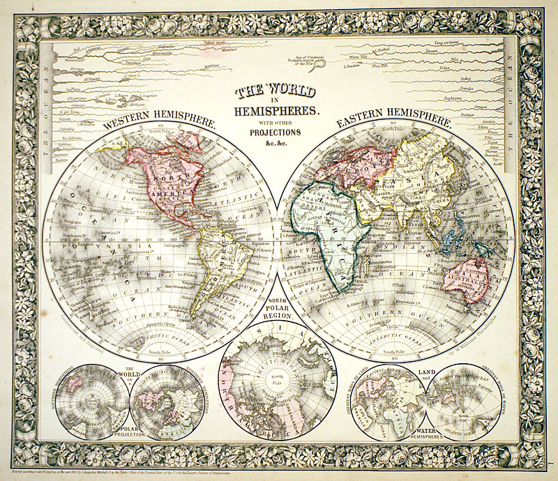 ''The World in Hemispheres...'' c 1864 - Mitchell