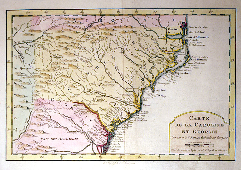 ''Carte de la Caroline et Georgie'' c 1773 - Bellin - Raynal