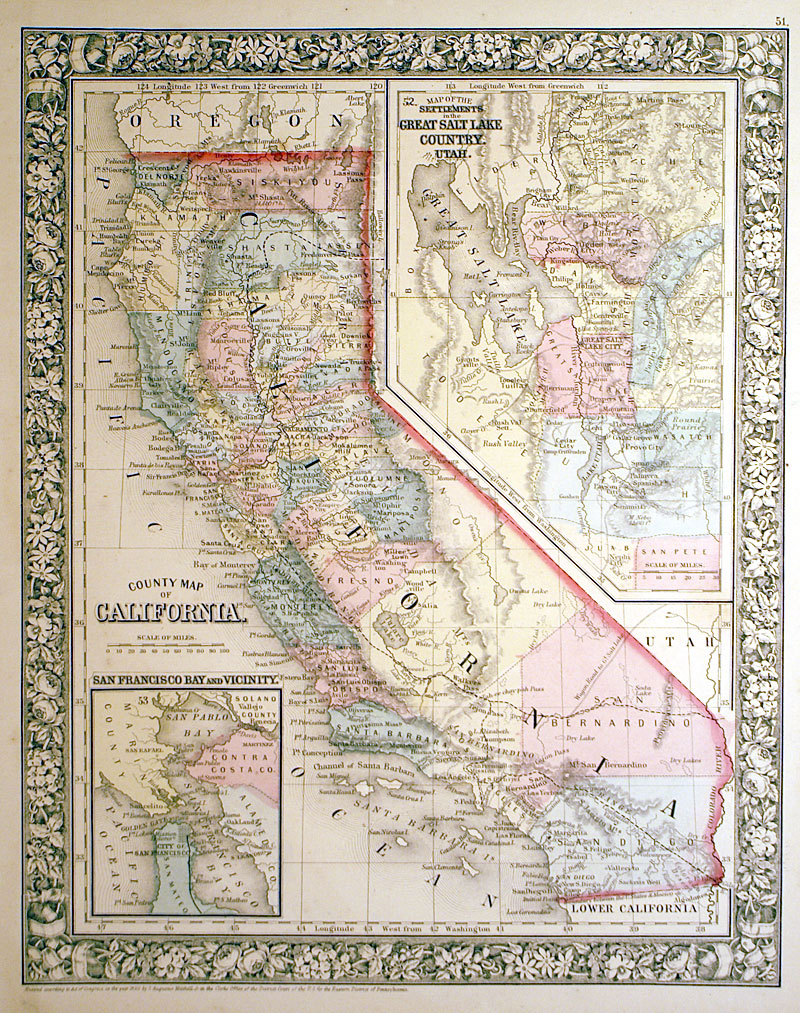 ''County Map of California'' c 1866 - Mitchell - w Utah Tty