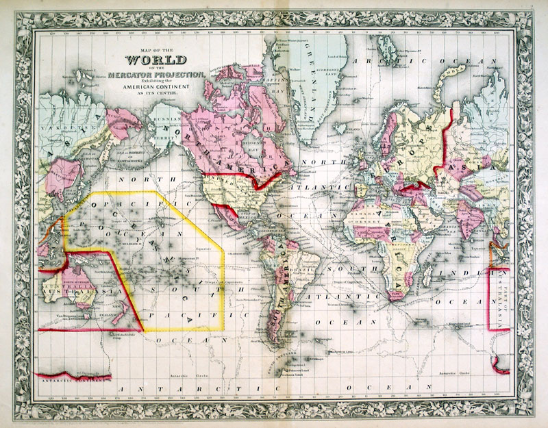 c 1862 World Map on Mercator Projection - Mitchell