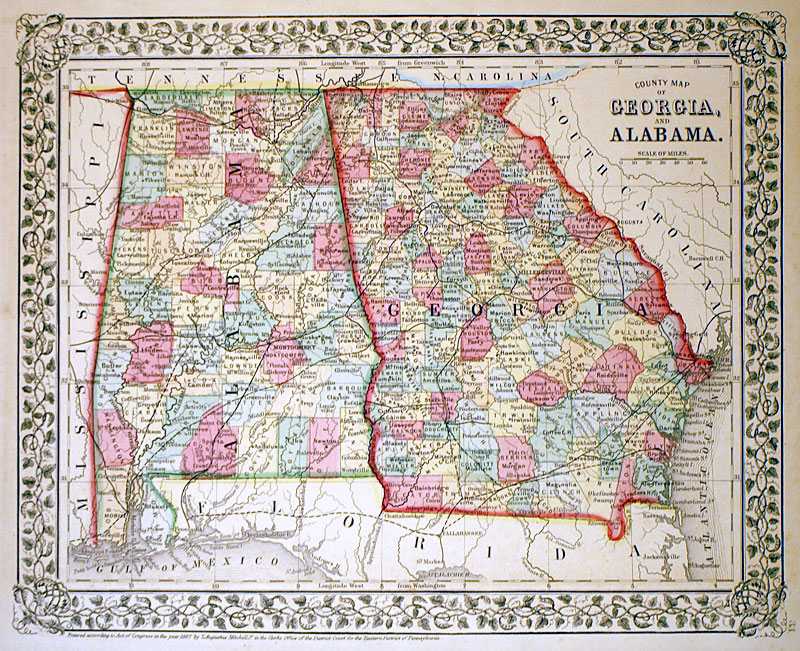 ''COUNTY MAP OF GEORGIA, AND ALABAMA'' c 1869 - Mitchell