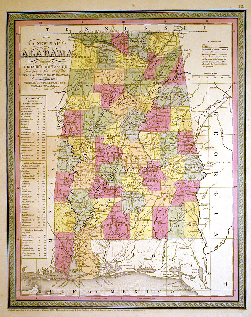 ''A NEW MAP OF ALABAMA...'' c 1853 - Cowperthwait