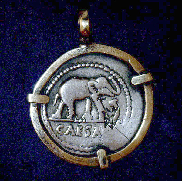 Ancient Roman Coin - Julius Caesar, Elephant - In 14K Gold Mount