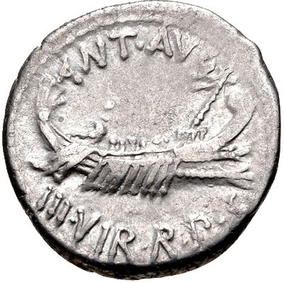 Roman Silver Denarius, Mark Antony, War Galley, Legionary Eagle